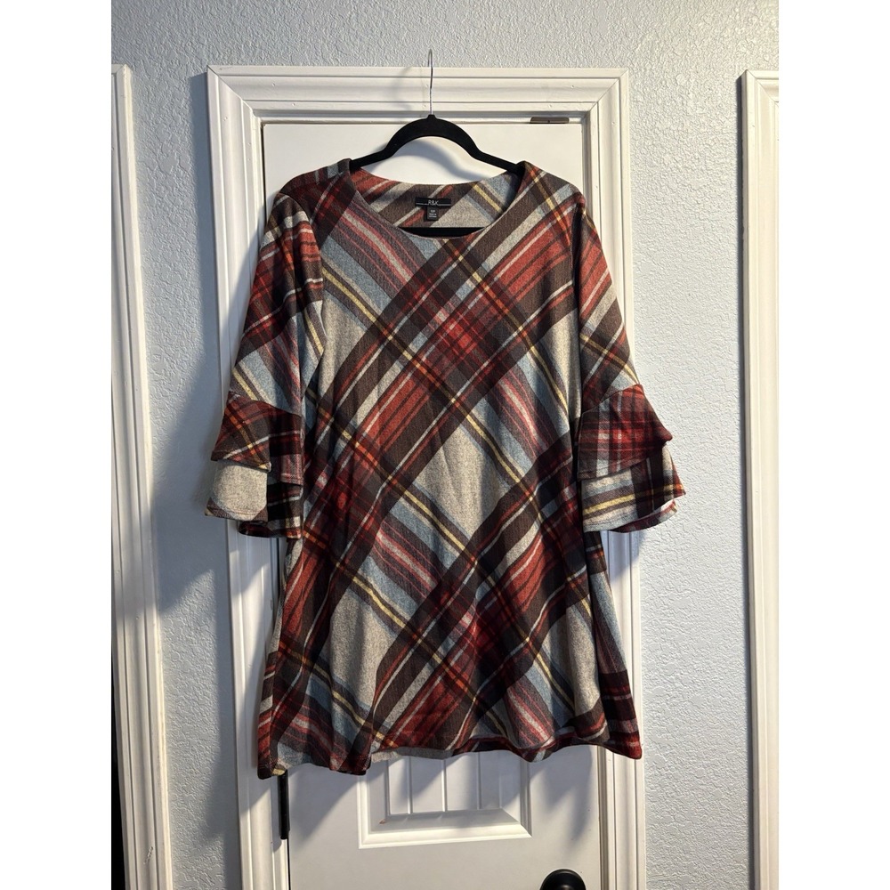 R&K Tunic Top Women 12P Multicolor Plaid‎ Ruffle Bell Sleeve Knit Stretch